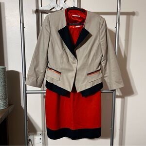 T Tahari Women’s Dress Suit Set Orange Tan Navy 10 Blazer 2 Piece